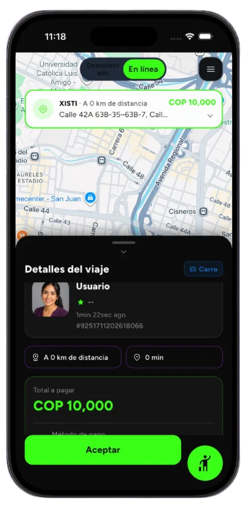 Aplicación Xisti: Mapa de ruta, tarifa confirmada y detalles de viaje
